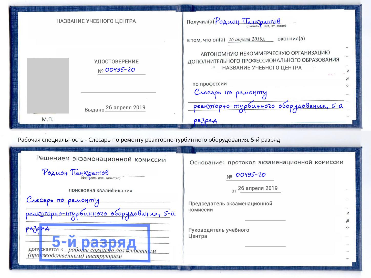 корочка 5-й разряд Слесарь по ремонту реакторно-турбинного оборудования Зима