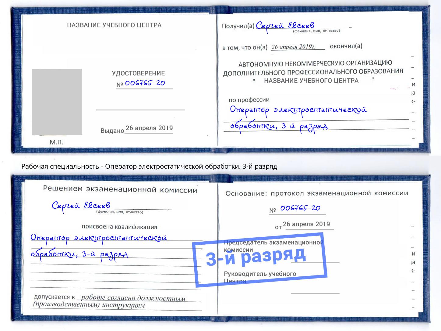 корочка 3-й разряд Оператор электростатической обработки Зима