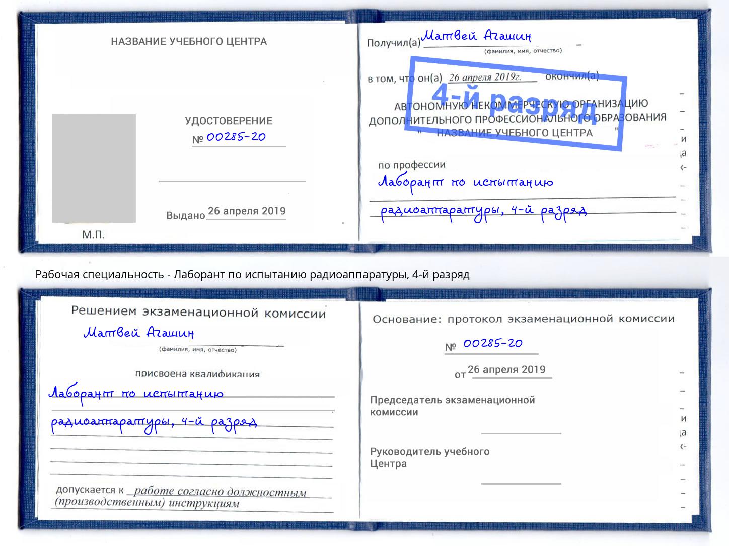 корочка 4-й разряд Лаборант по испытанию радиоаппаратуры Зима
