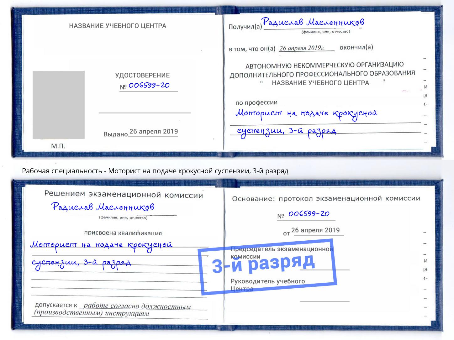 корочка 3-й разряд Моторист на подаче крокусной суспензии Зима