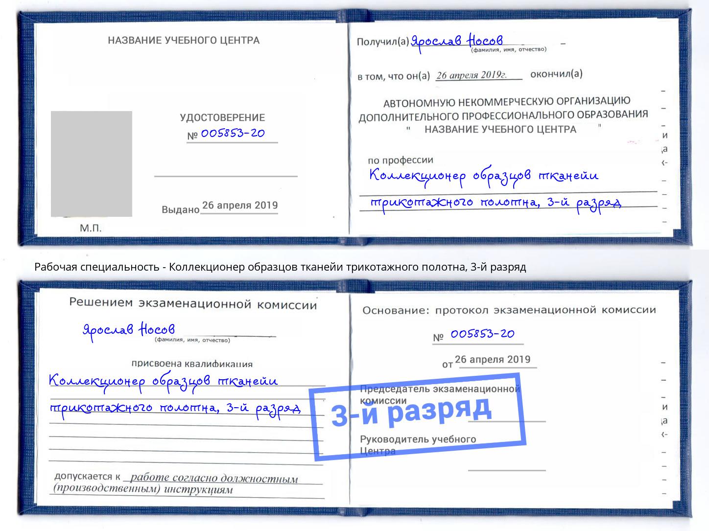 корочка 3-й разряд Коллекционер образцов тканейи трикотажного полотна Зима