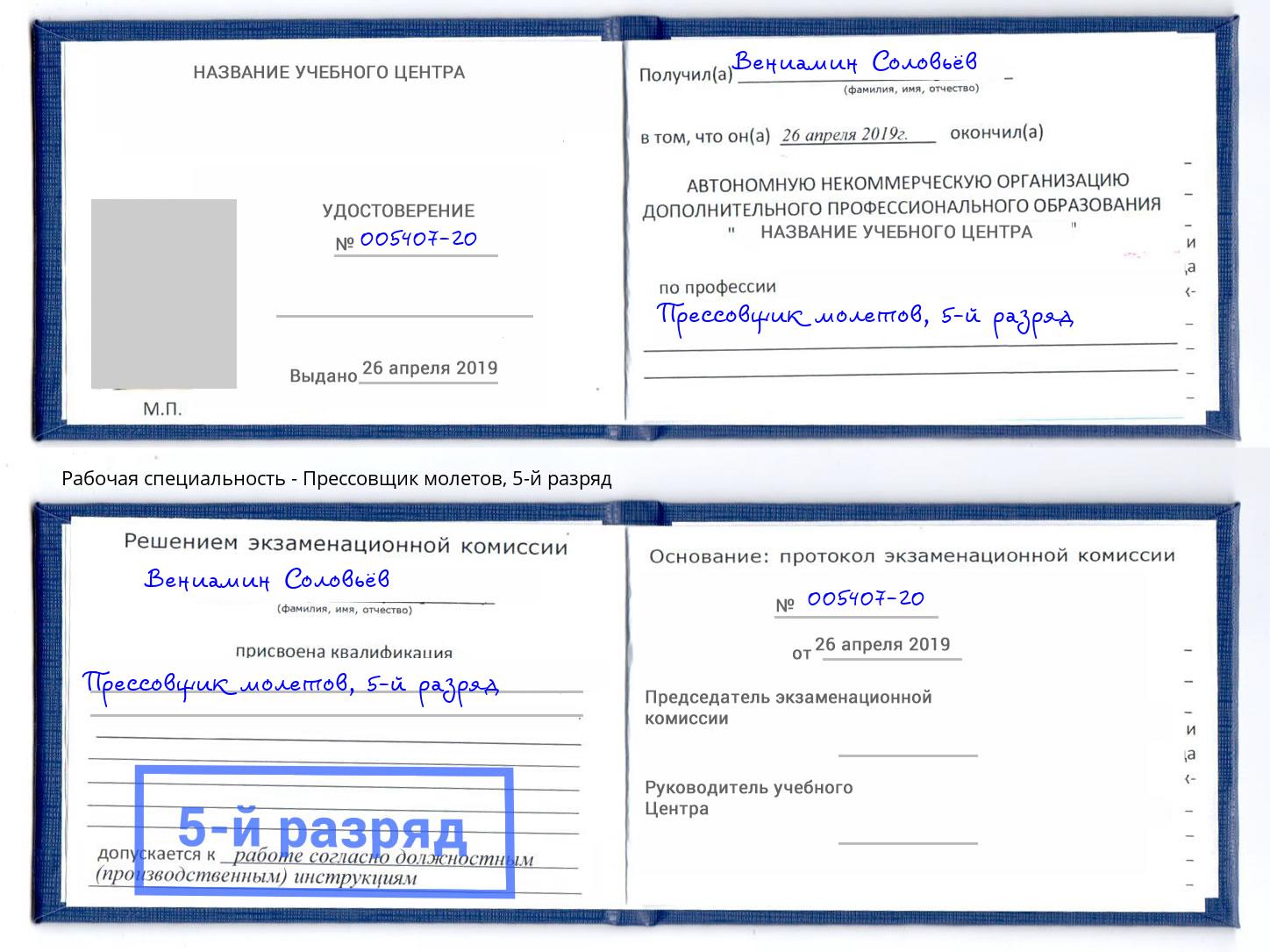 корочка 5-й разряд Прессовщик молетов Зима