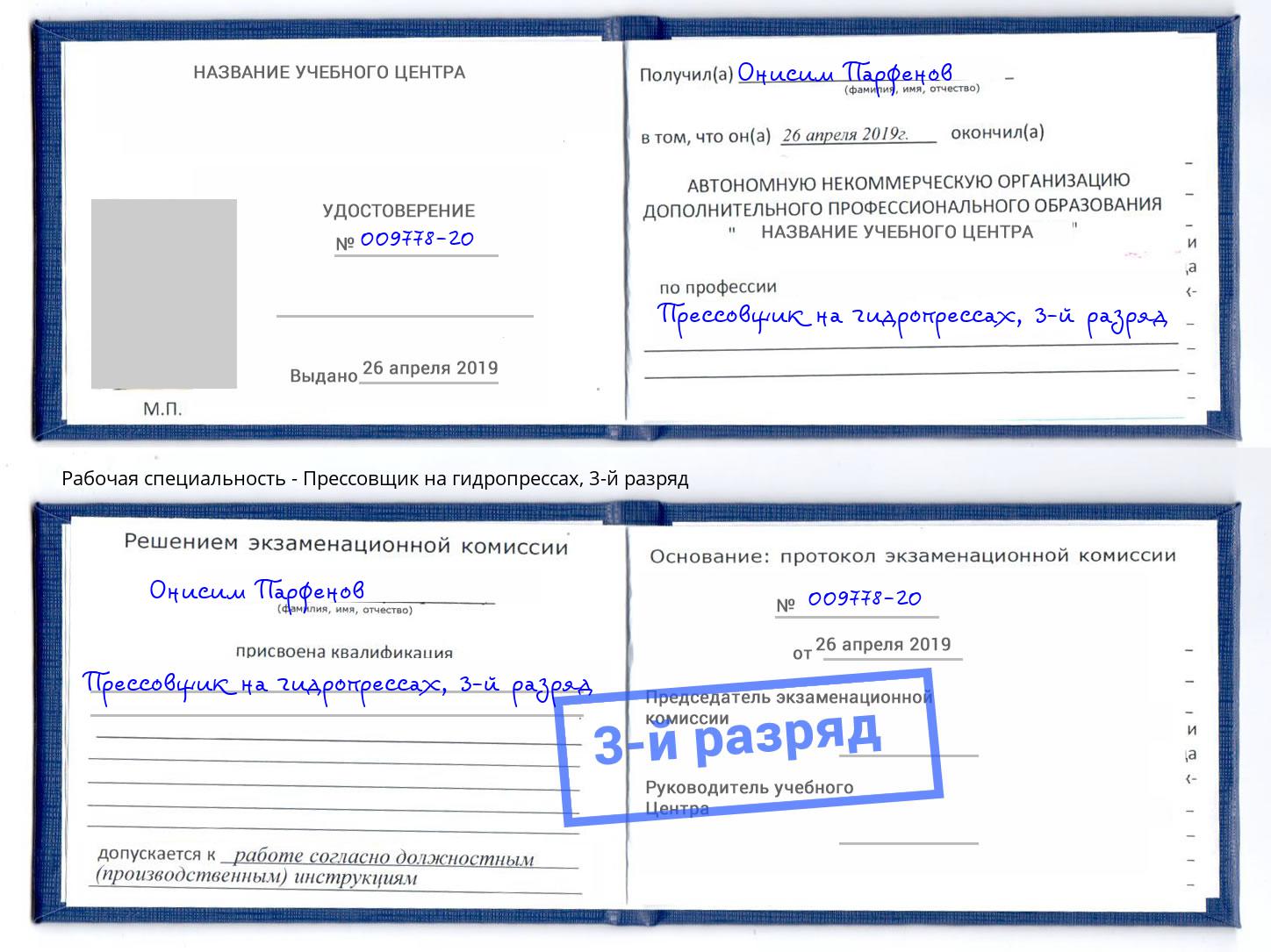 корочка 3-й разряд Прессовщик на гидропрессах Зима