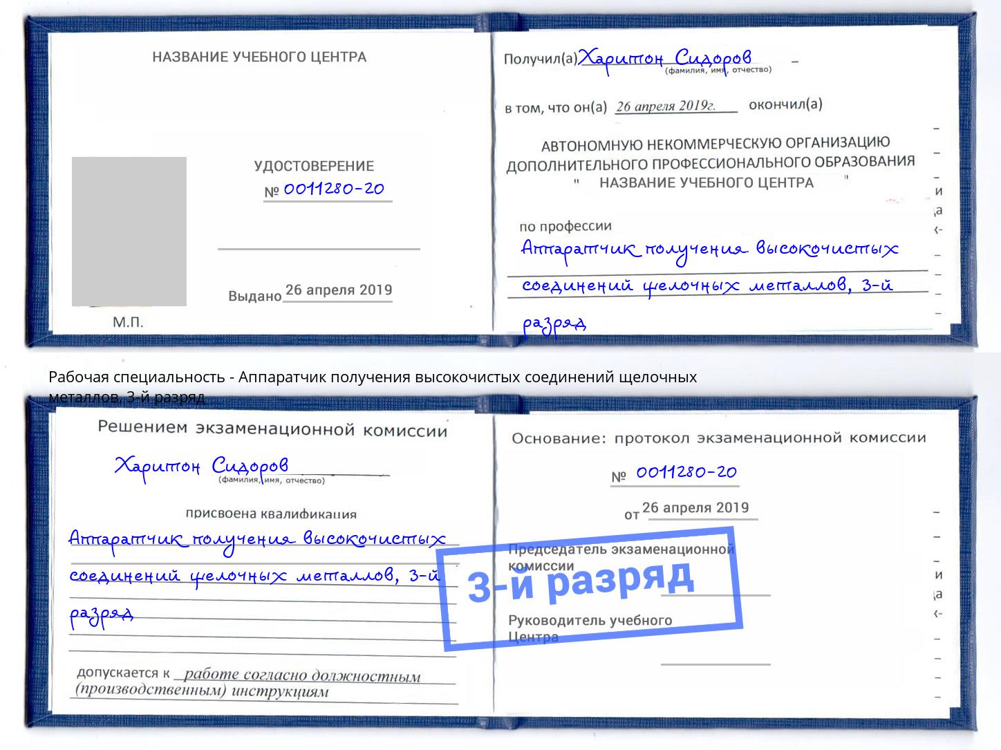 корочка 3-й разряд Аппаратчик получения высокочистых соединений щелочных металлов Зима