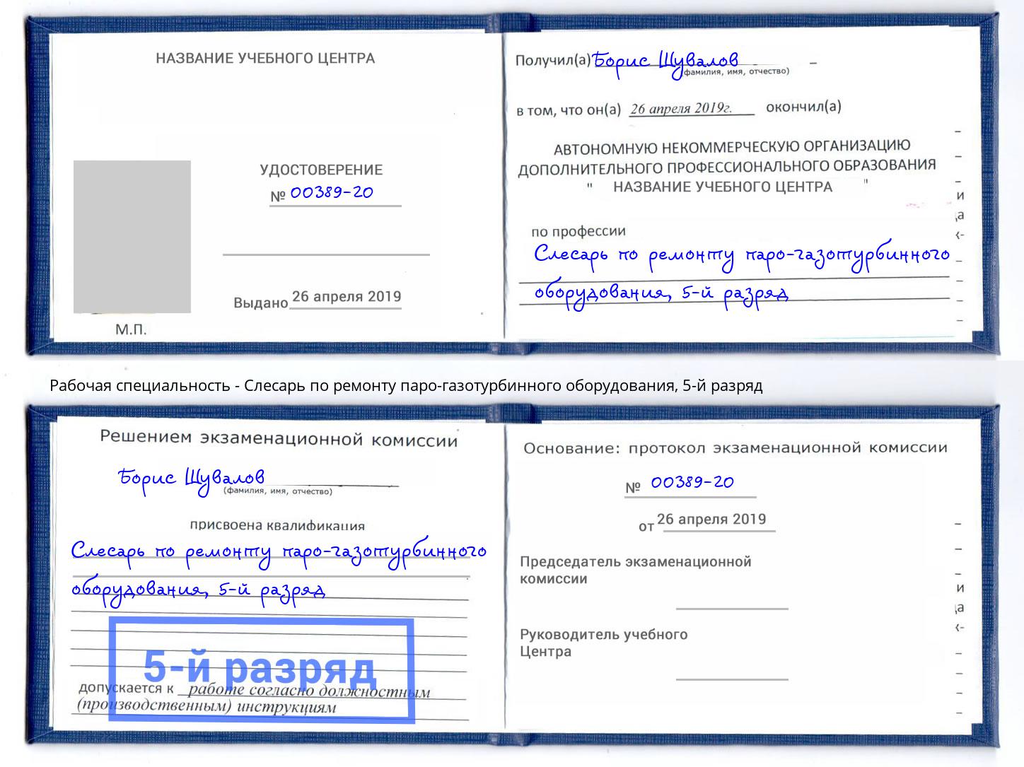 корочка 5-й разряд Слесарь по ремонту паро-газотурбинного оборудования Зима