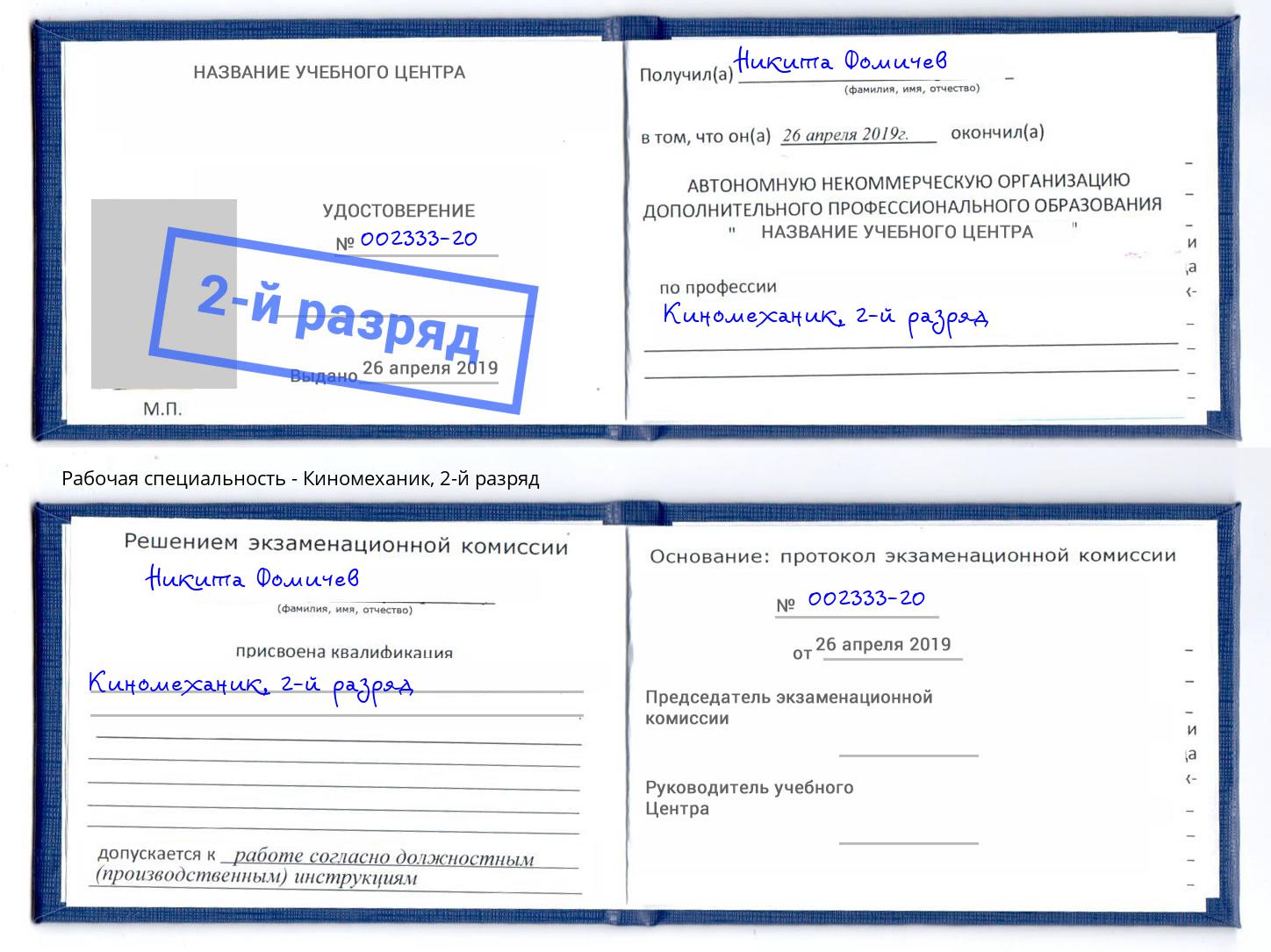 корочка 2-й разряд Киномеханик Зима