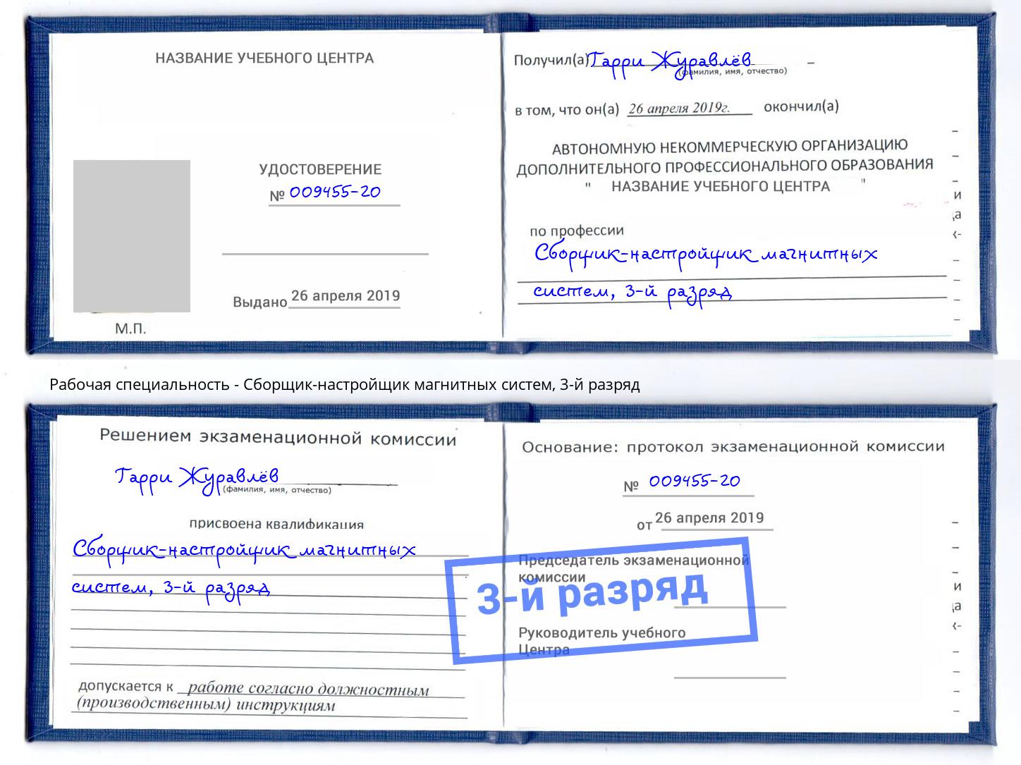 корочка 3-й разряд Сборщик-настройщик магнитных систем Зима