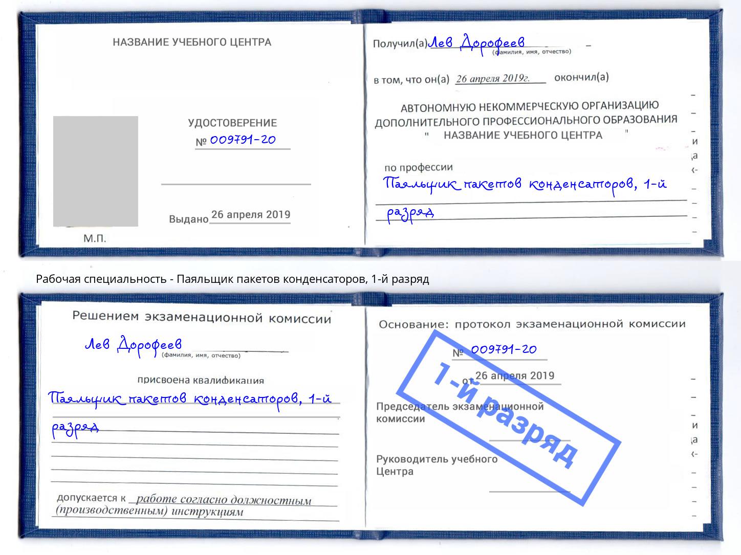 корочка 1-й разряд Паяльщик пакетов конденсаторов Зима