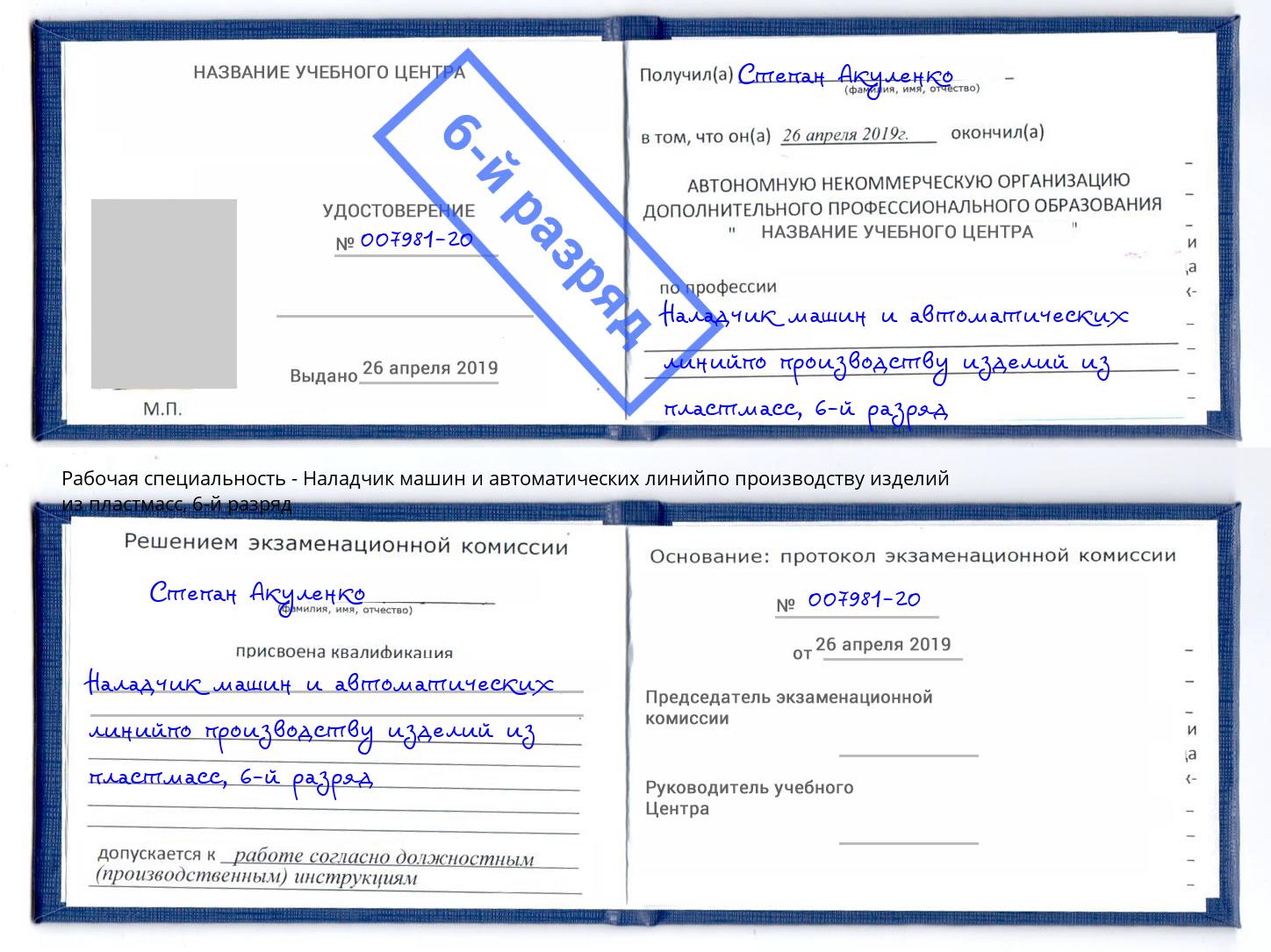 корочка 6-й разряд Наладчик машин и автоматических линийпо производству изделий из пластмасс Зима