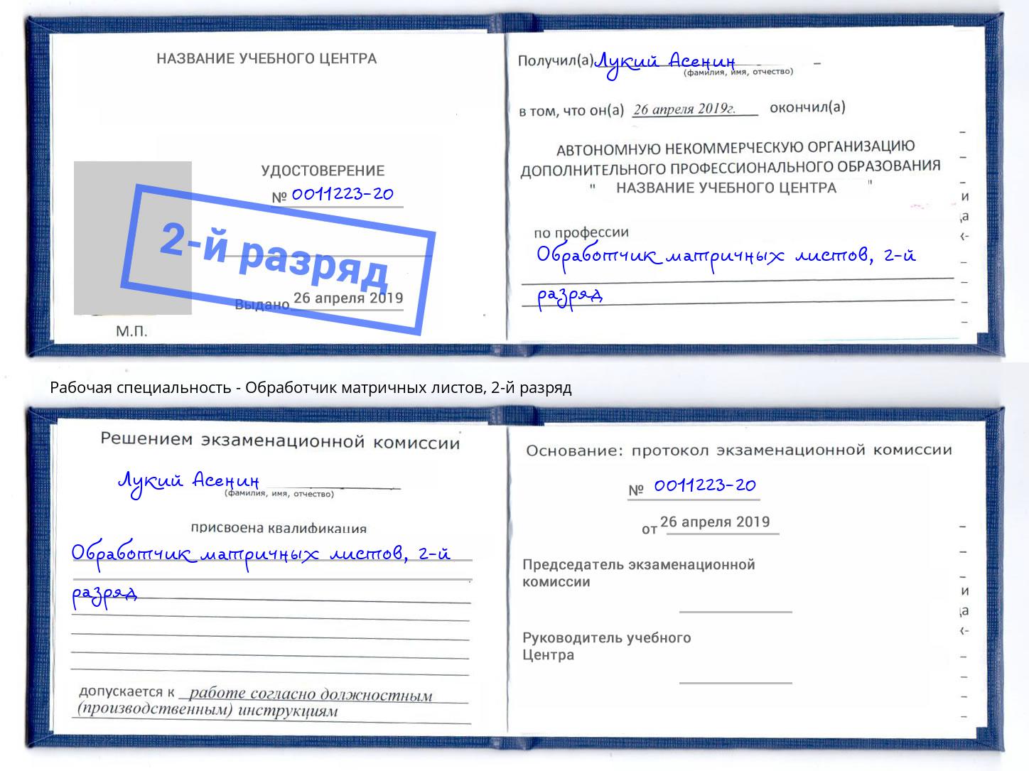 корочка 2-й разряд Обработчик матричных листов Зима