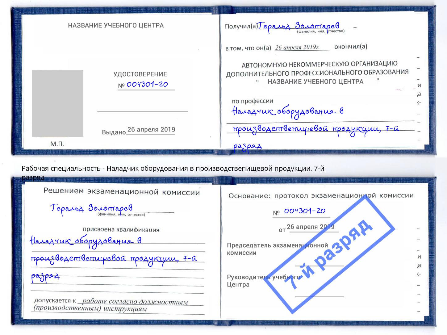 корочка 7-й разряд Наладчик оборудования в производствепищевой продукции Зима