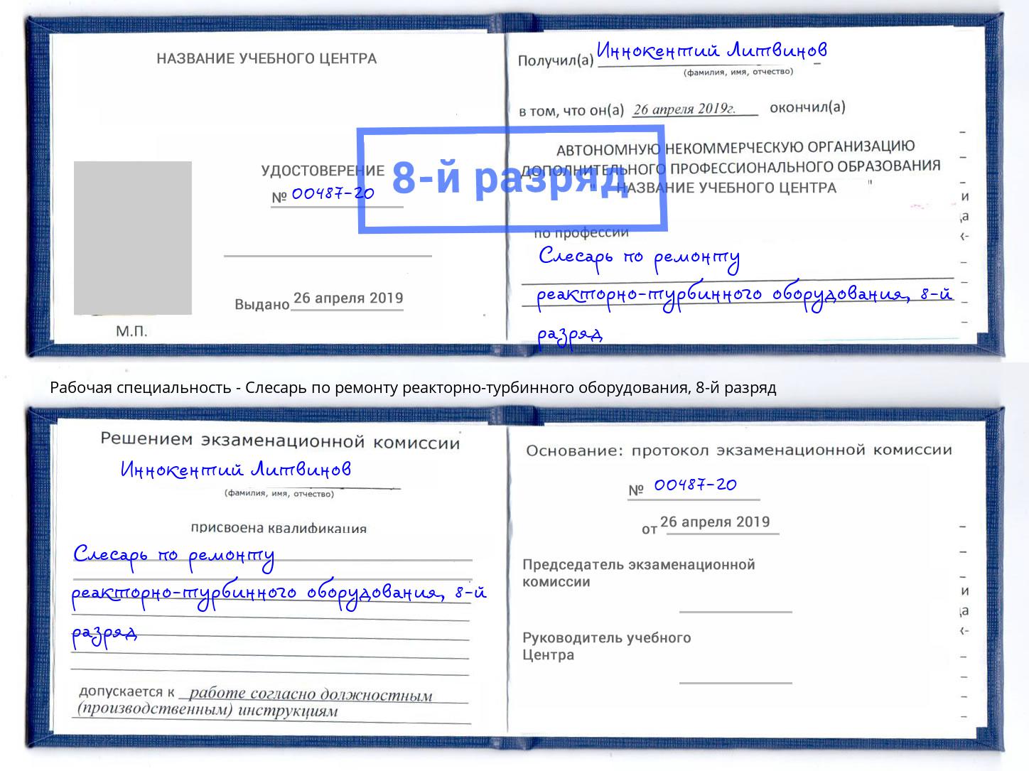 корочка 8-й разряд Слесарь по ремонту реакторно-турбинного оборудования Зима
