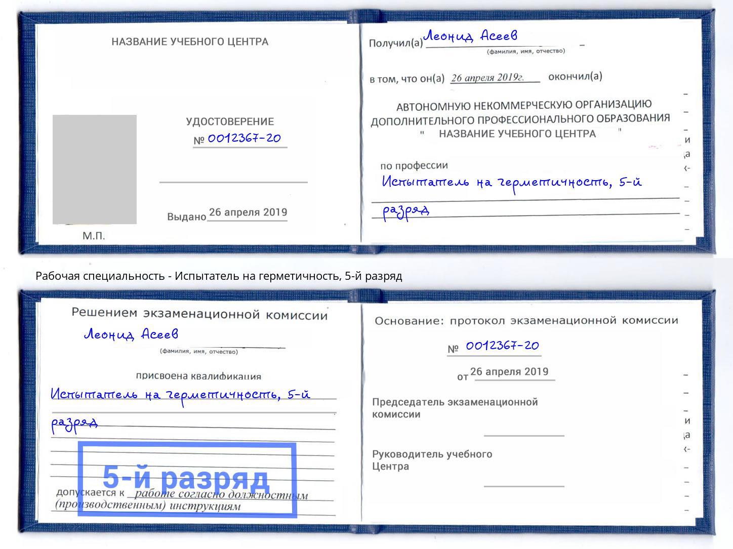 корочка 5-й разряд Испытатель на герметичность Зима