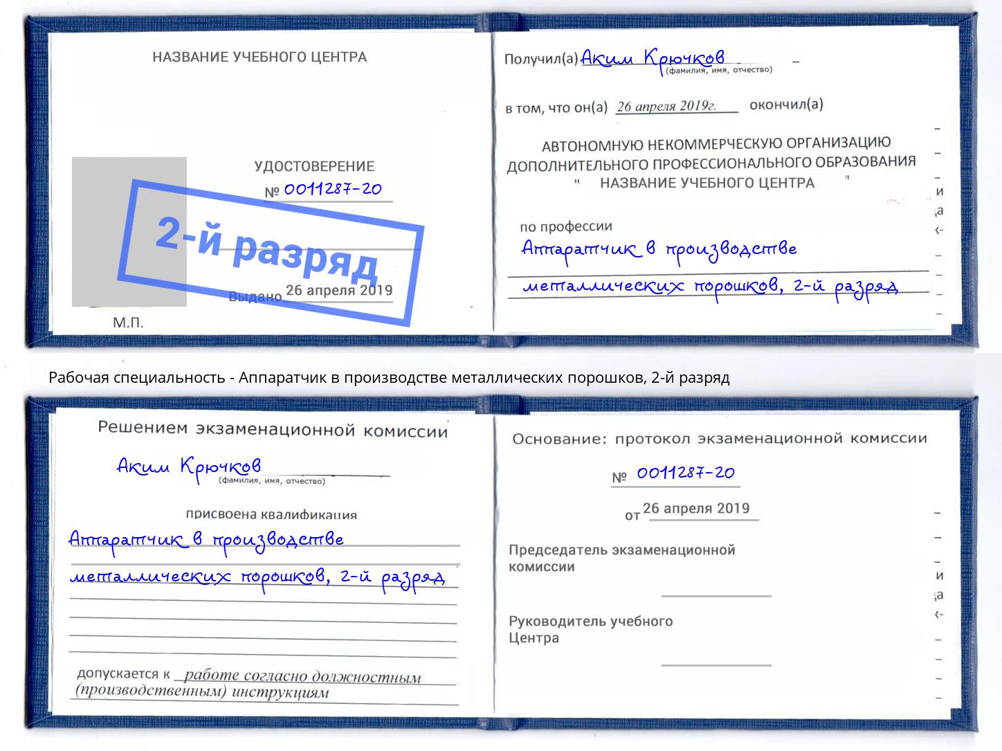 корочка 2-й разряд Аппаратчик в производстве металлических порошков Зима
